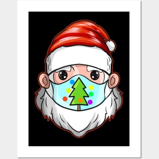 Santa With Christmas Tree Mask Celebrating Christmas Posters and Art